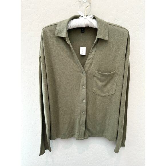 🆕 LUCKY BRAND | Dusty Olive Linen Blend Button Front Long Sleeve Top | Small - Picture 1 of 7